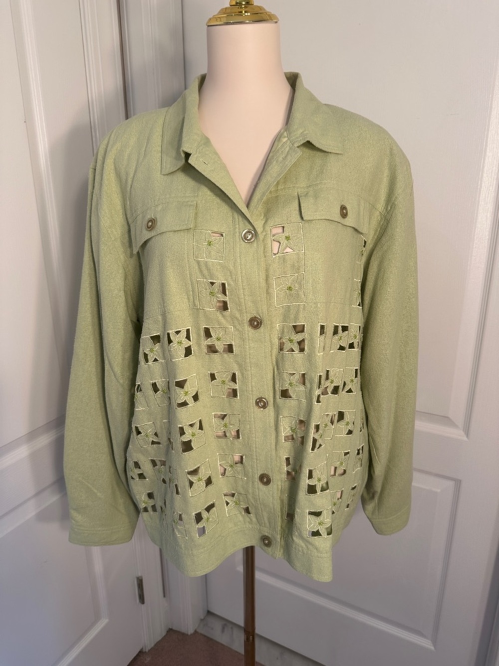Vintage EVR Pantsuit Light Green Button-Up Cutout Detail Jacket with Pants 1X